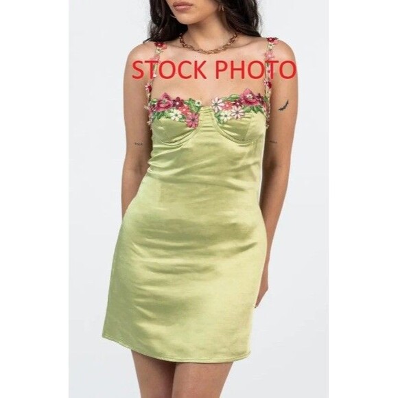 Princess Polly Kenzie Green Satin Mini Dress Size 2 Floral Embroidered Underwire - Picture 15 of 15